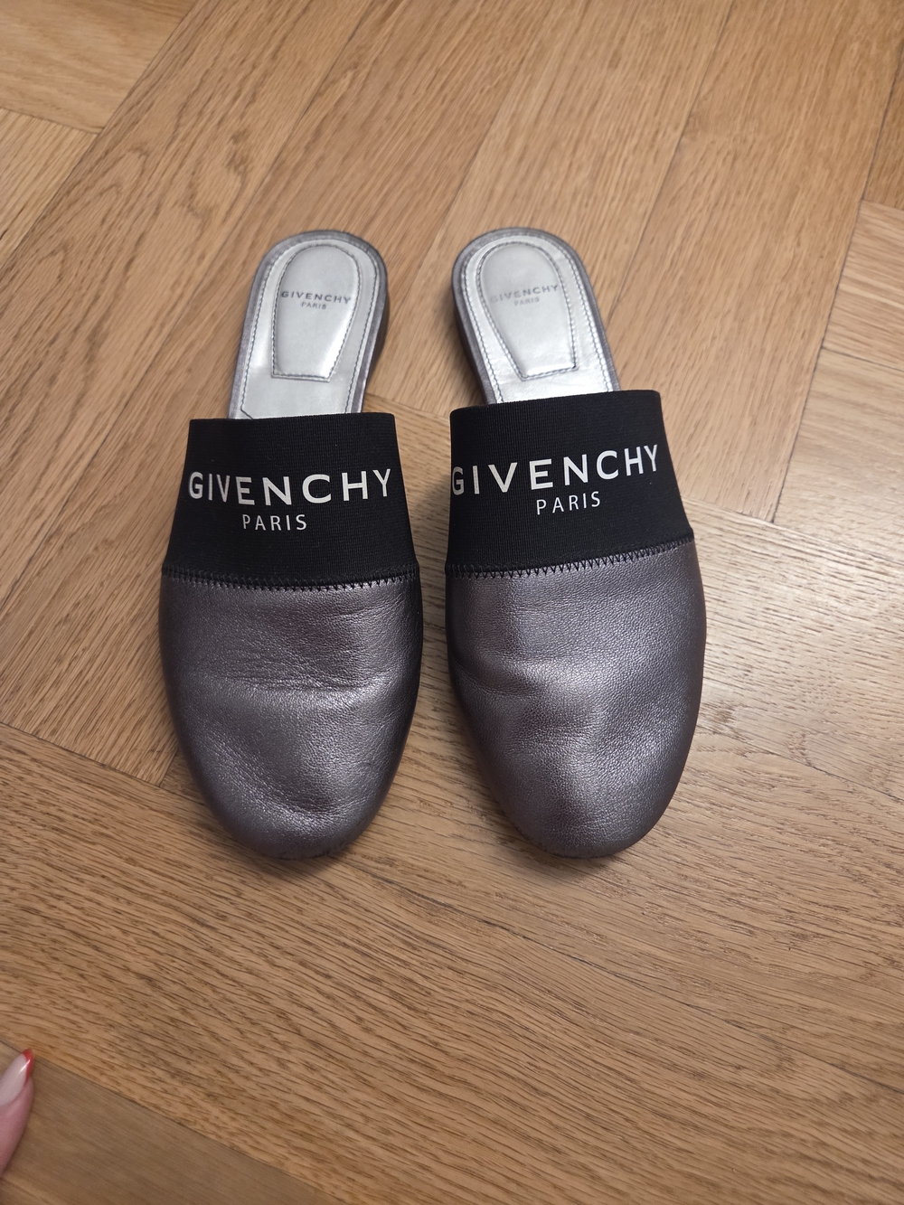 Givenchy Metallic Silver Slip-On Slides with Black Logo Band